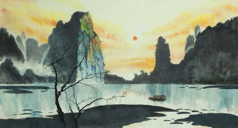 Купить и печать на заказ Картины Китайская живопись лодка на реке
