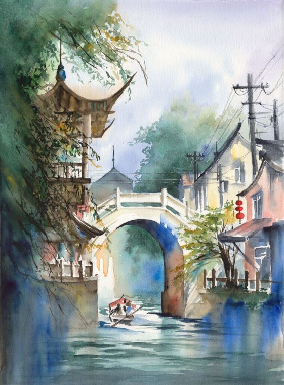 Купить и печать на заказ Картины Китайский городской пейзаж с рекой