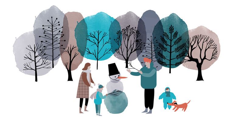 Купить и печать на заказ Картины Иллюстрация семья лепит снеговика