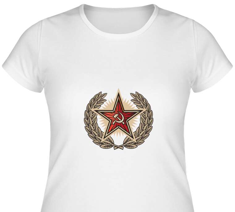 Майки, футболки женские Soviet cockade of the USSR, hammer and sickle on the background of a red star