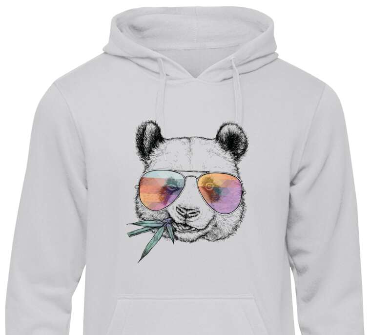Hoodies, hoodies Panda in colored glasses with a bamboo branch