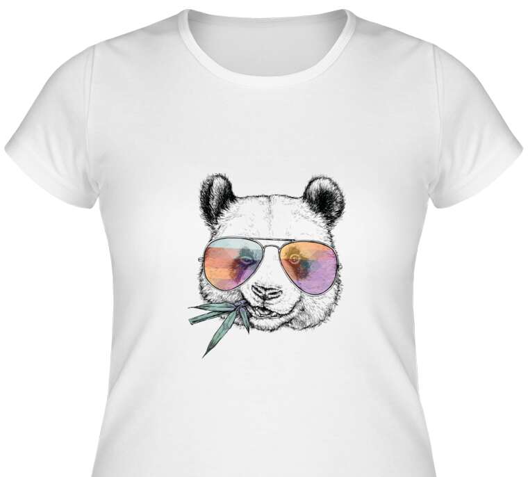 Майки, футболки женские Panda in colored glasses with a bamboo branch