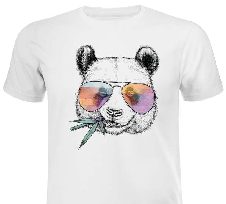 Майки, футболки мужские Panda in colored glasses with a bamboo branch