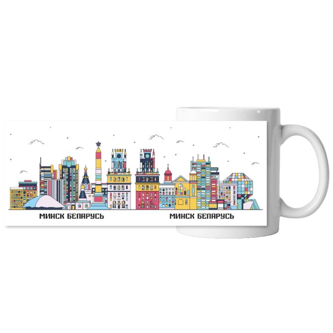 The mugs are black Minsk architectural sights