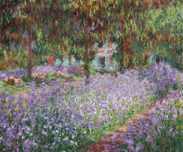 Купить и печать на заказ Картины на пластике, пеноркартоне Клод Моне Irises in Monet's Garden