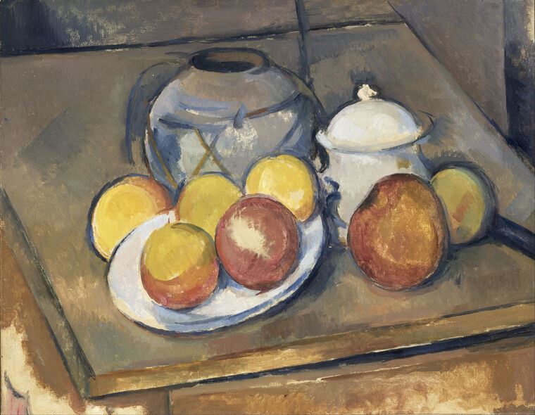 Картины, фото с паспарту Paul Cezanne Straw-Trimmed Vase, Sugar Bowl and Apples