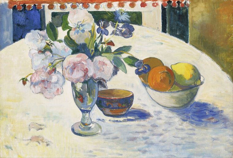 Купить и печать на заказ Картины на пластике, пеноркартоне Поль Гоген Flowers and a Bowl of Fruit on a Table