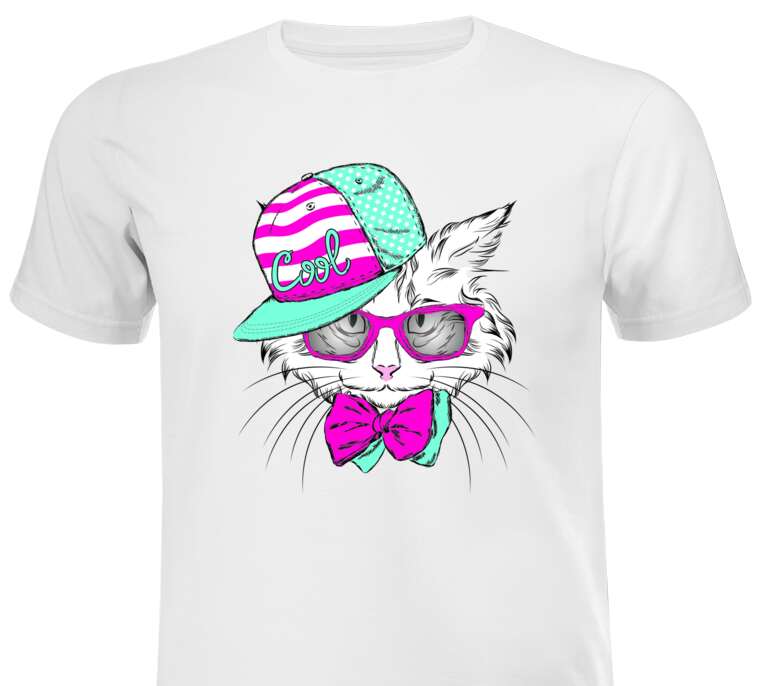 Майки, футболки белые Cat in pink glasses