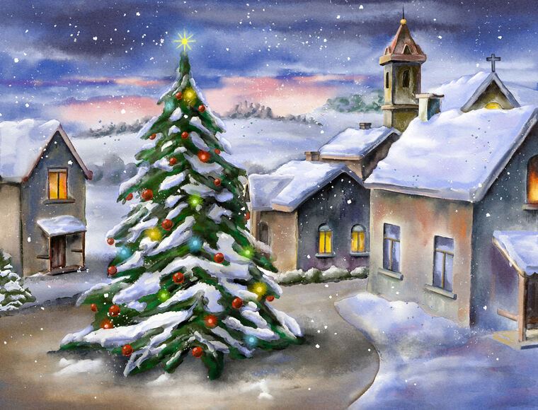 Картины на пластике, пеноркартоне Landscape with a Christmas tree