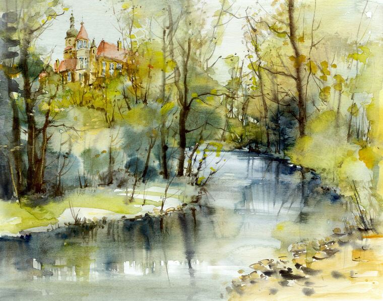 Картины, фото с паспарту Castle above a river, watercolour