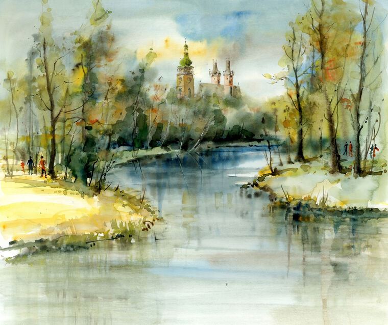 Картины, фото с паспарту Castle above a river, watercolour