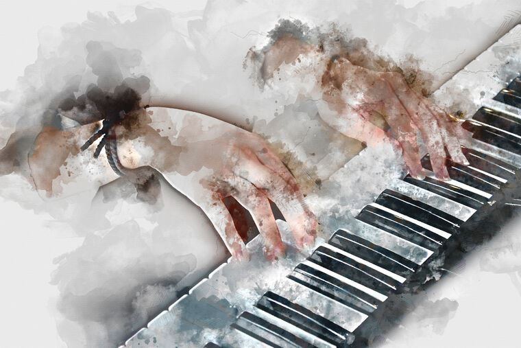 Картины, фото с паспарту Hands and piano watercolour