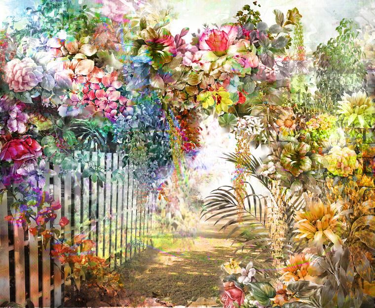 Картины на пластике, пеноркартоне Colorful flowers at the fence