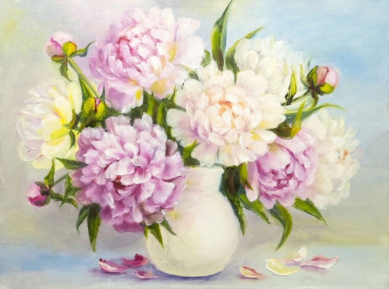 Картины, фото с паспарту Delicate peonies oil