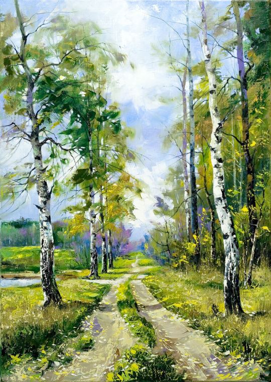 Картины, фото с паспарту Landscape with birches