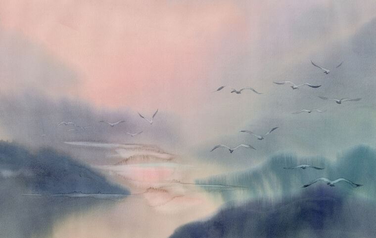 Фотообои Flying swans watercolor landscape