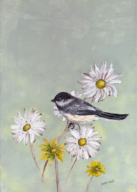 Картины на пластике, пеноркартоне Chickadee on Daisy (Judy Gail)