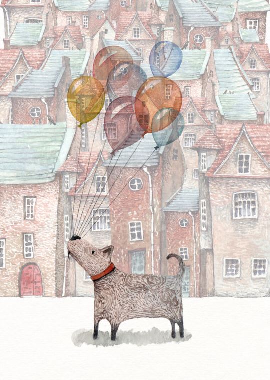 Картины на пластике, пеноркартоне Dog with balloons watercolor