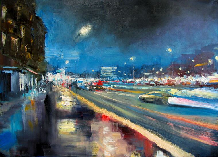 Картины, фото с паспарту Night city painting