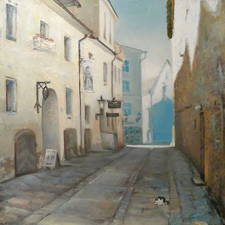 Картины на пластике, пеноркартоне Old street and the cat