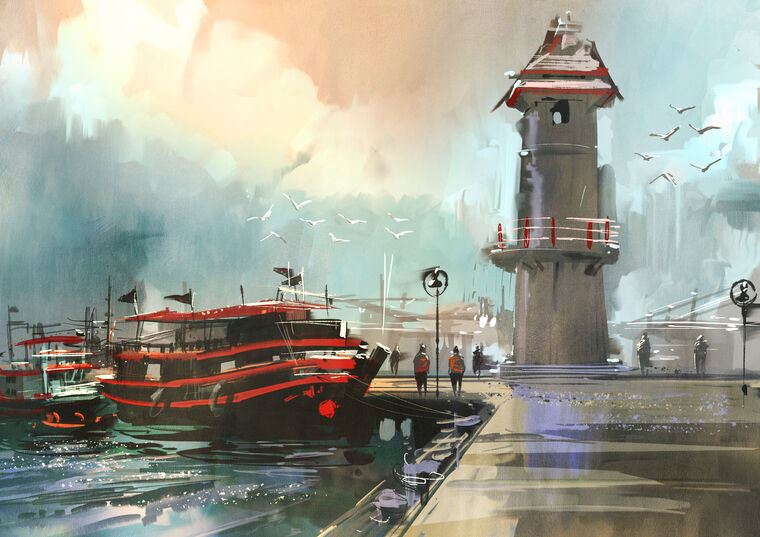 Картины в рамке, багете Fishing boat in the Harbor digital painting