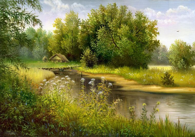 Картины на пластике, пеноркартоне Summer river Bank