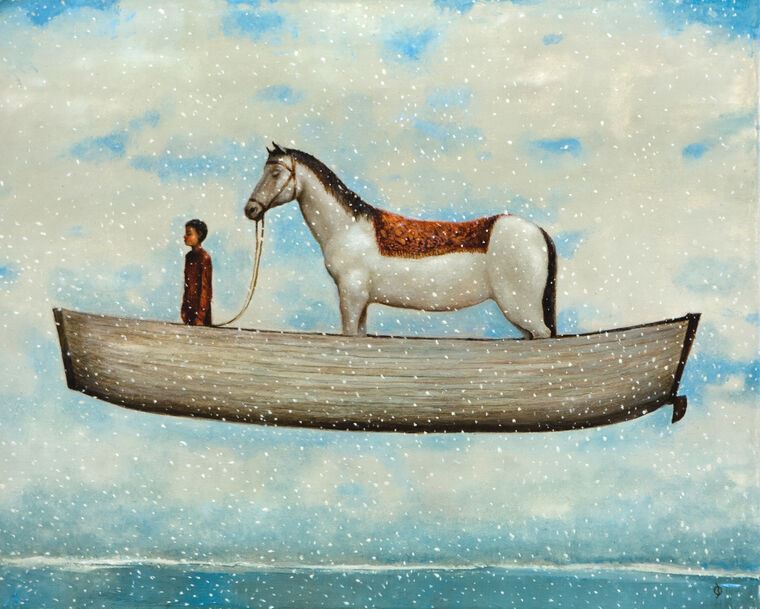 Картины на пластике, пеноркартоне Boy and horse in the boat