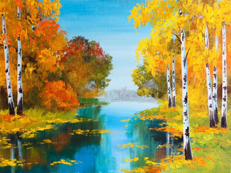 Картины в рамке, багете Autumn birches by the river