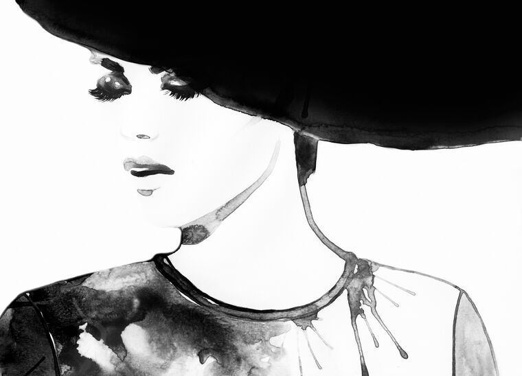 Картины, фото с паспарту Black-and-white watercolor of the girl in the hat