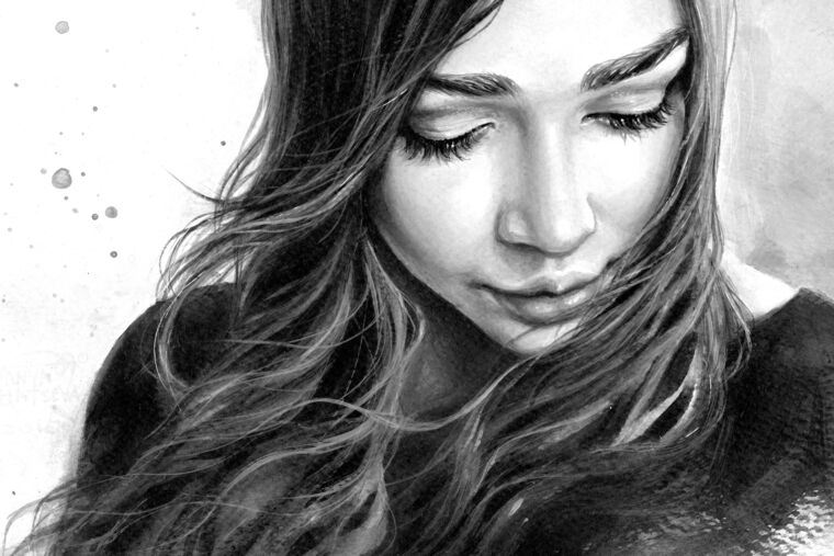 Картины на пластике, пеноркартоне Black and white watercolor painting girl