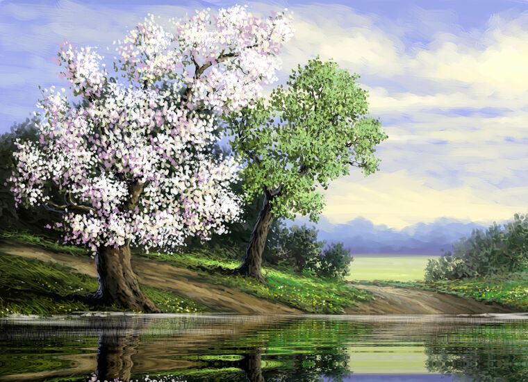 Картины на пластике, пеноркартоне Flowering tree digital painting