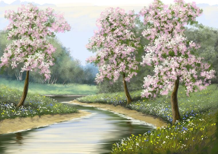 Картины на пластике, пеноркартоне Flowering trees digital painting