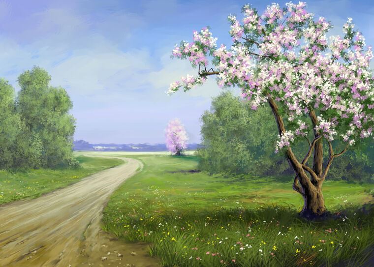 Картины на пластике, пеноркартоне Flowering trees in the field of digital painting