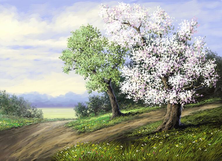 Картины на пластике, пеноркартоне Flowering tree in the trail digital painting