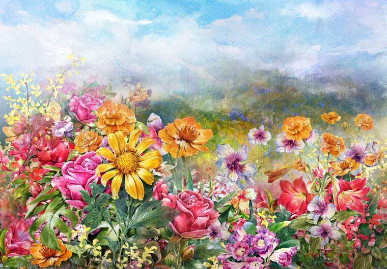 Картины в рамке, багете Colorful watercolor flowers