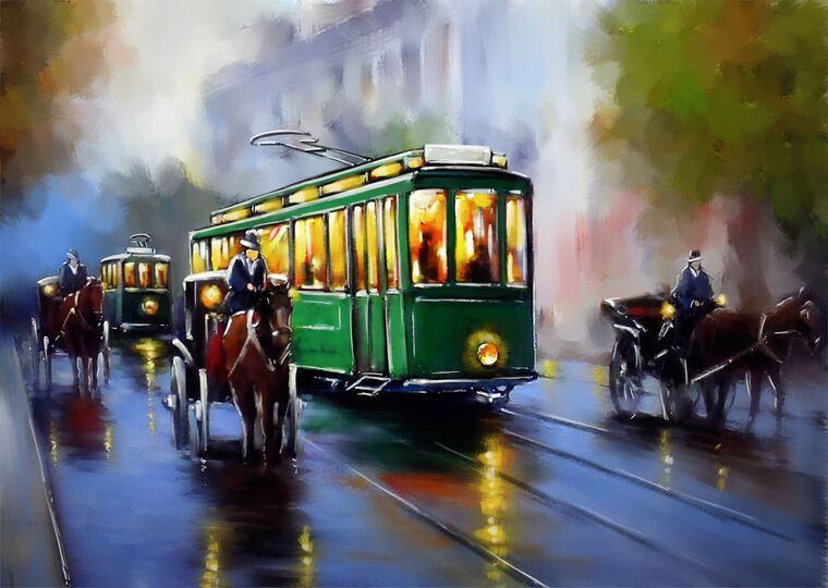 Картины на пластике, пеноркартоне Digital painting green tram