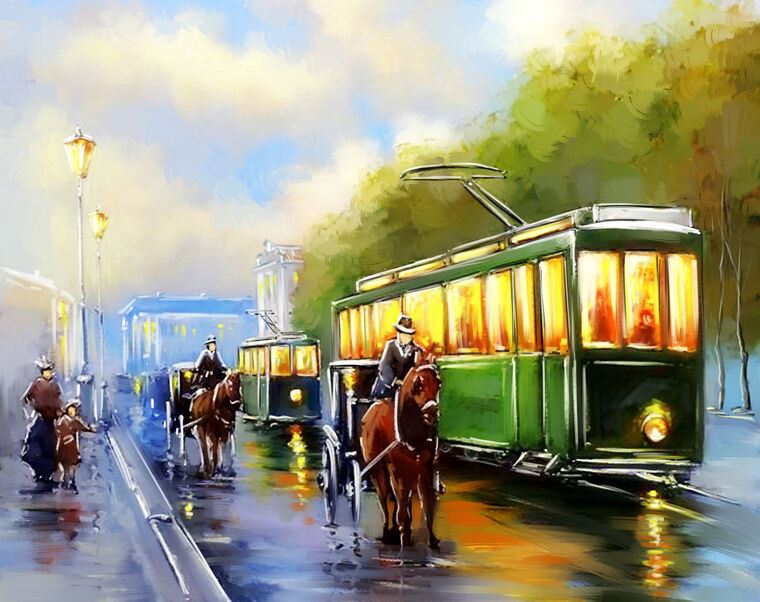 Картины на пластике, пеноркартоне Digital painting the street with the tram