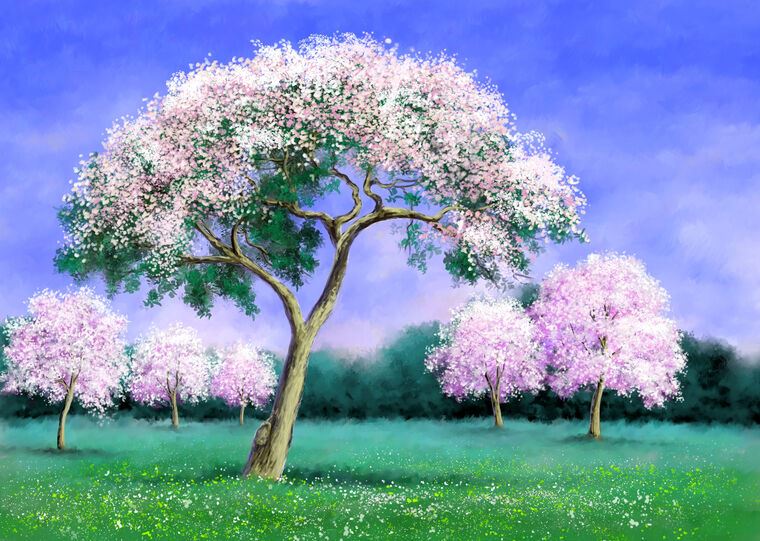 Картины на пластике, пеноркартоне Digital painting of trees in bloom