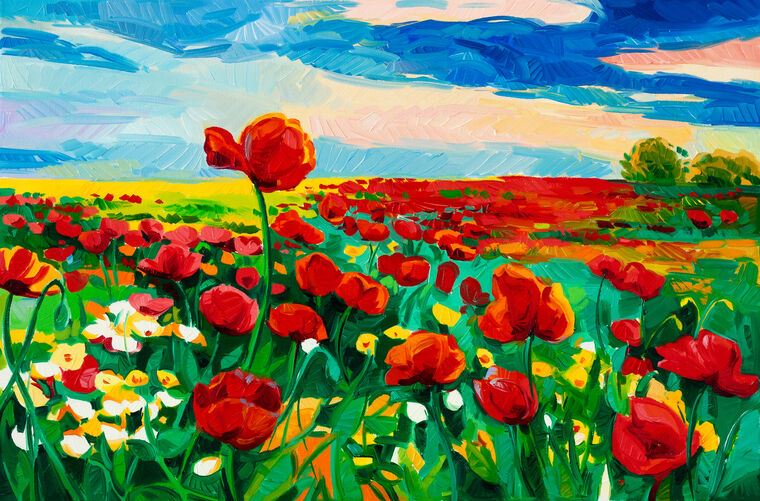 Картины на пластике, пеноркартоне Bright field of poppies