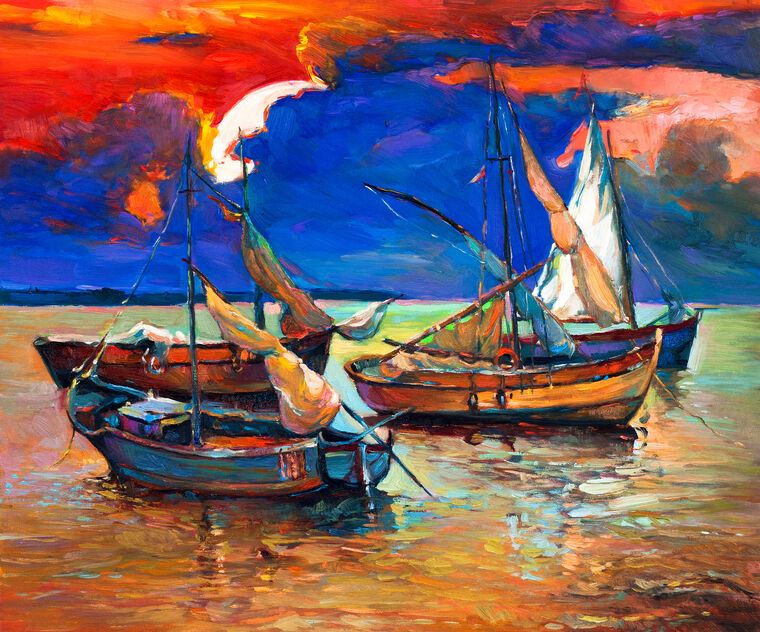 Картины на пластике, пеноркартоне Boats on the shore at sunset