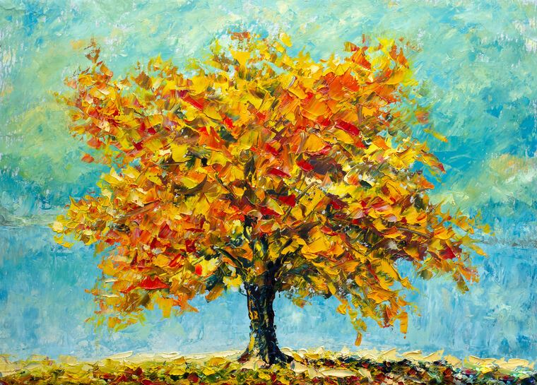 Картины, фото с паспарту Autumn tree impasto painting