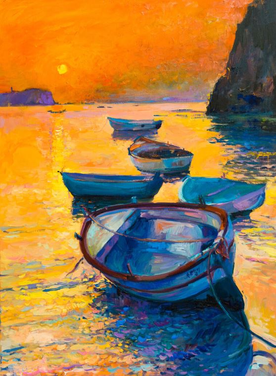 Картины на пластике, пеноркартоне Boats at sunset