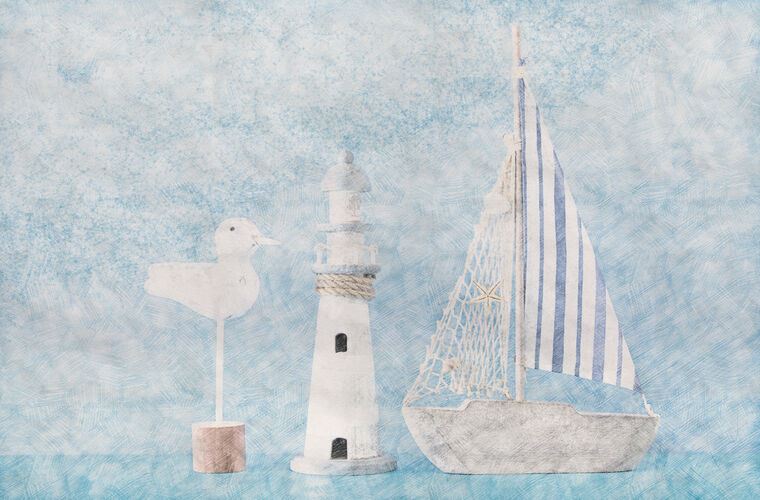 Картины на пластике, пеноркартоне Children's boat, lighthouse and Seagull