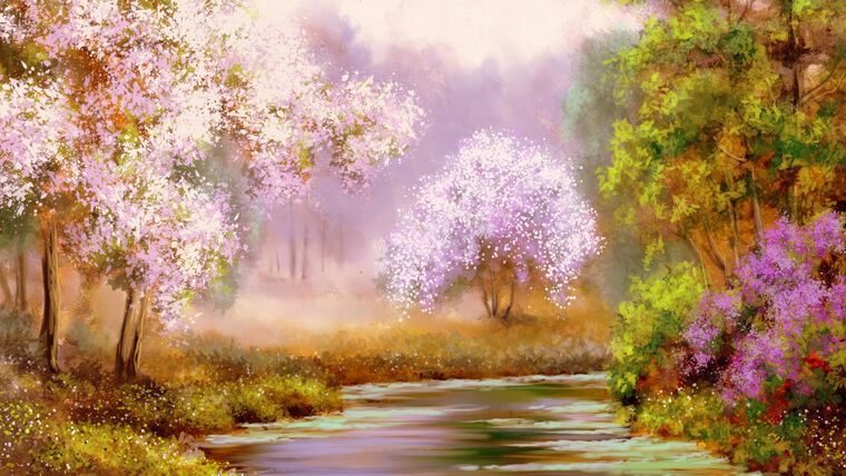 Картины в рамке, багете Digital painting of trees in bloom