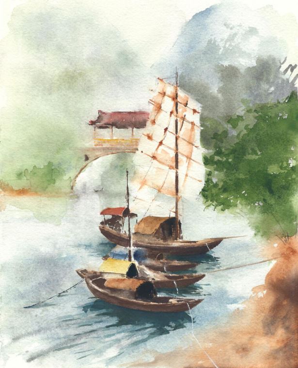 Картины в рамке, багете Boat on the river, Chinese landscape