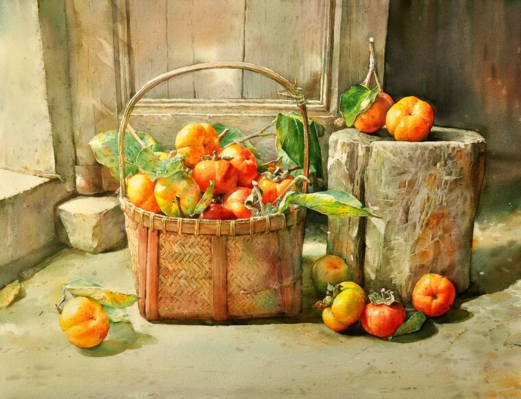 Картины, фото с паспарту Persimmon in basket