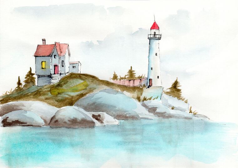 Картины на пластике, пеноркартоне Lighthouse and a house on the shore