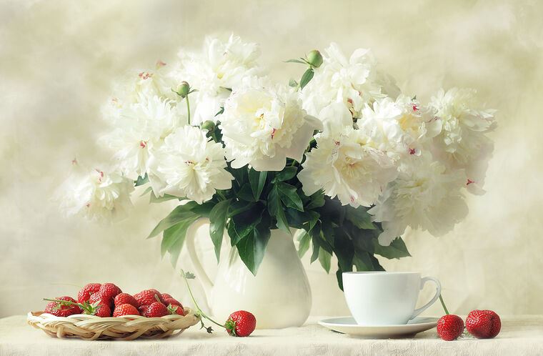 Картины, фото с паспарту Beautiful white peonies and strawberries