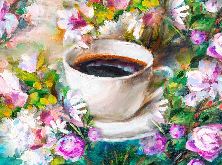 Картины, фото с паспарту Cup of coffee on a background of flowers