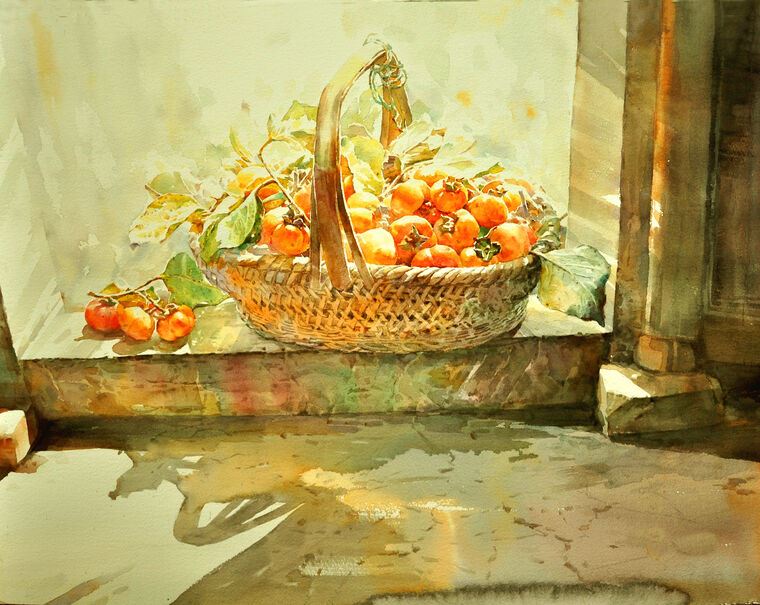 Картины в рамке, багете Basket of persimmons in the sun